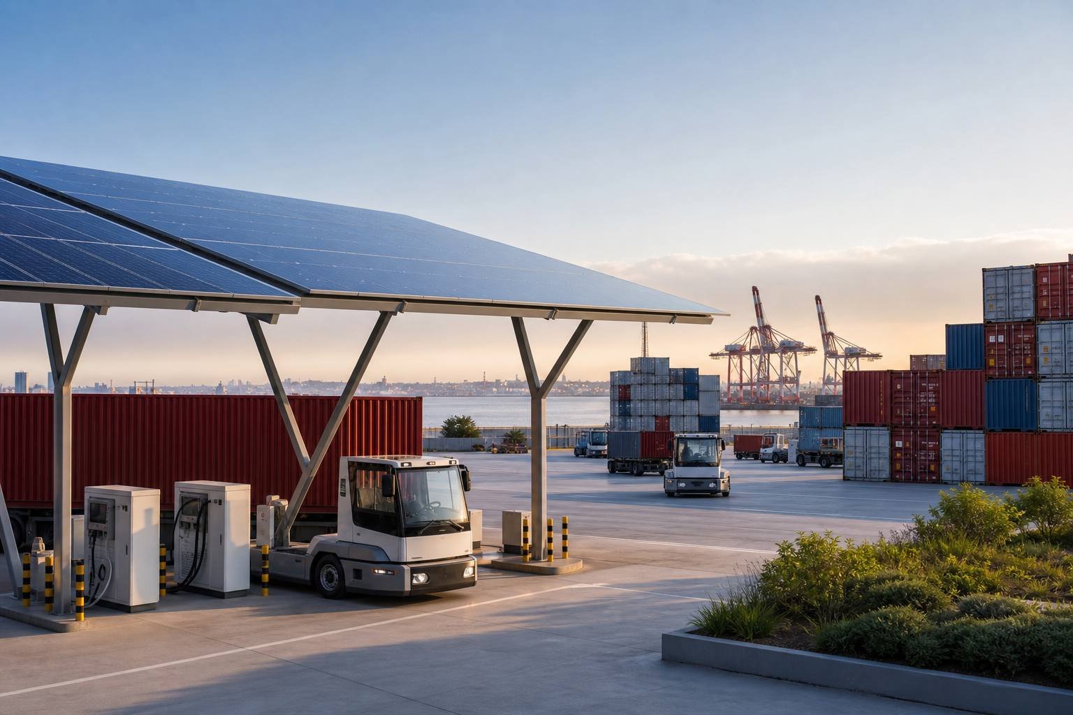 Solar-powered logistics yard representing resilient global trade